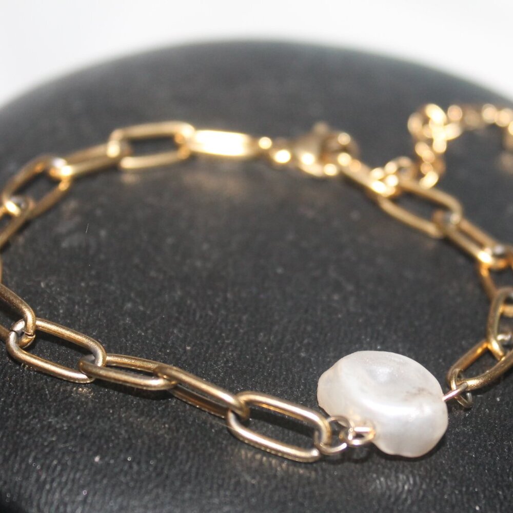 New Gold Filled Paperclip Chain w Genuine Blister Pearl Bracelet - Picture 2 of 3